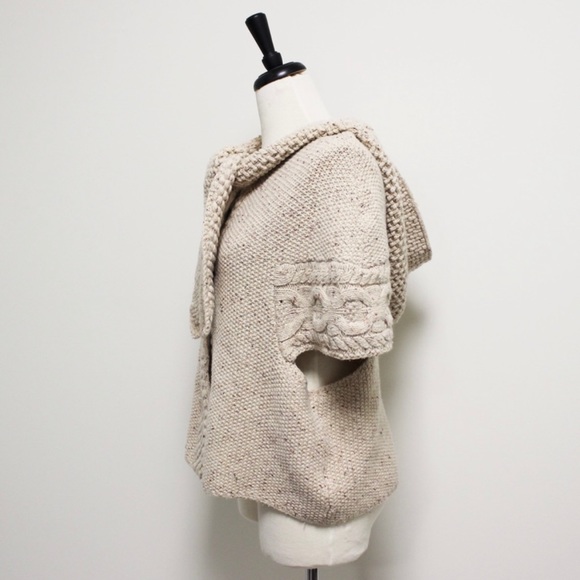 Far Away From Close Oatmeal Beige Knit Hooded Short Sleeve Snap Button Cardigan - Picture 4 of 9